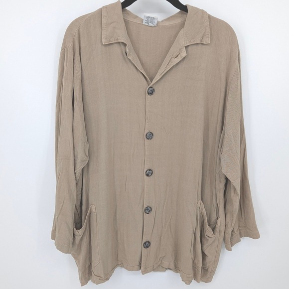 CP Shades Tops - CP Shades Button Up Top Womens Medium Tan Rayon Long Sleeve Pockets Lagenlook